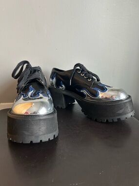 Current Mood (Dolls Kill) Chunky Oxford Platform with Blue Silver Flame Detail